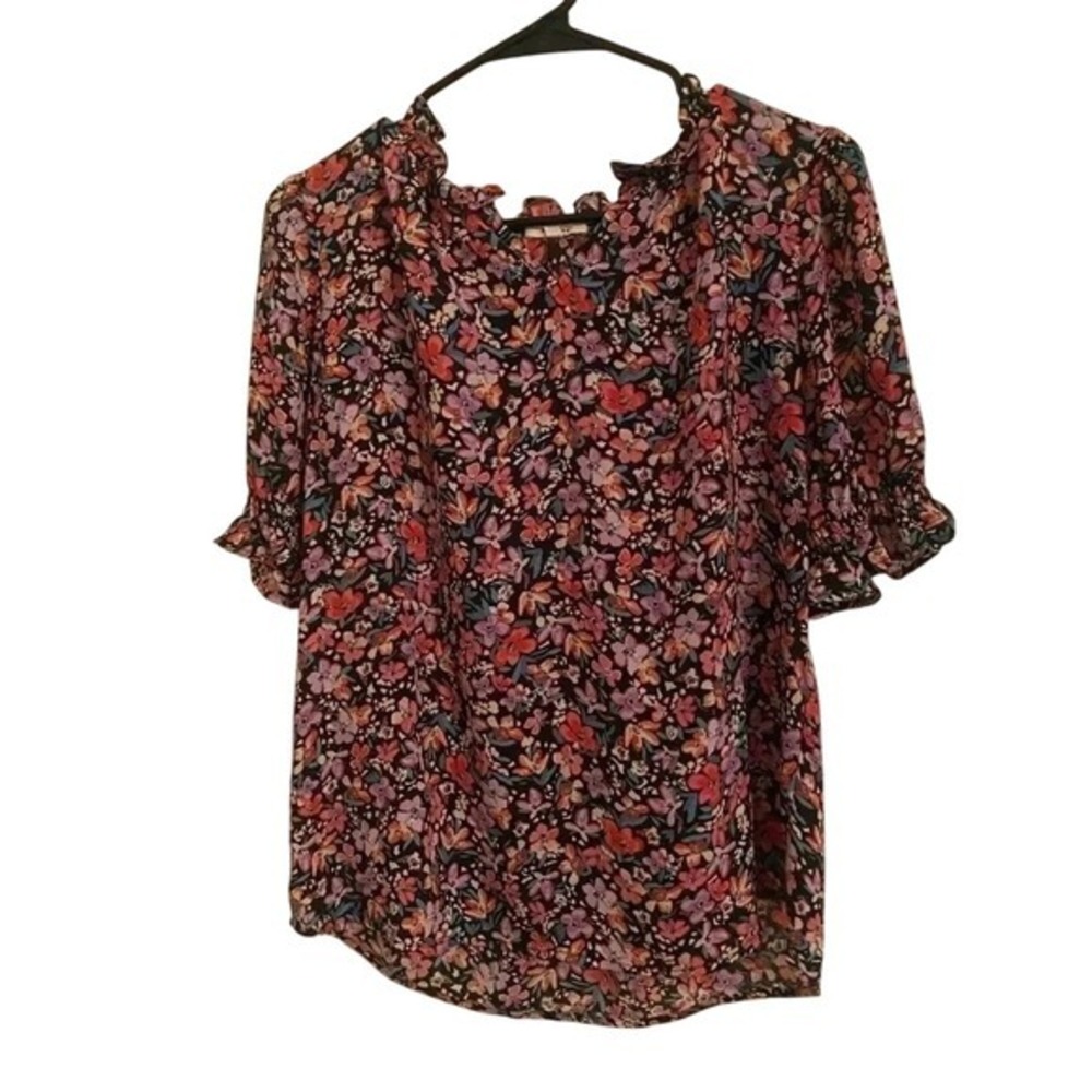 Floral Print Ruffle Neck Top Flowy Blouse 3/4 Sleeve Lightweight S